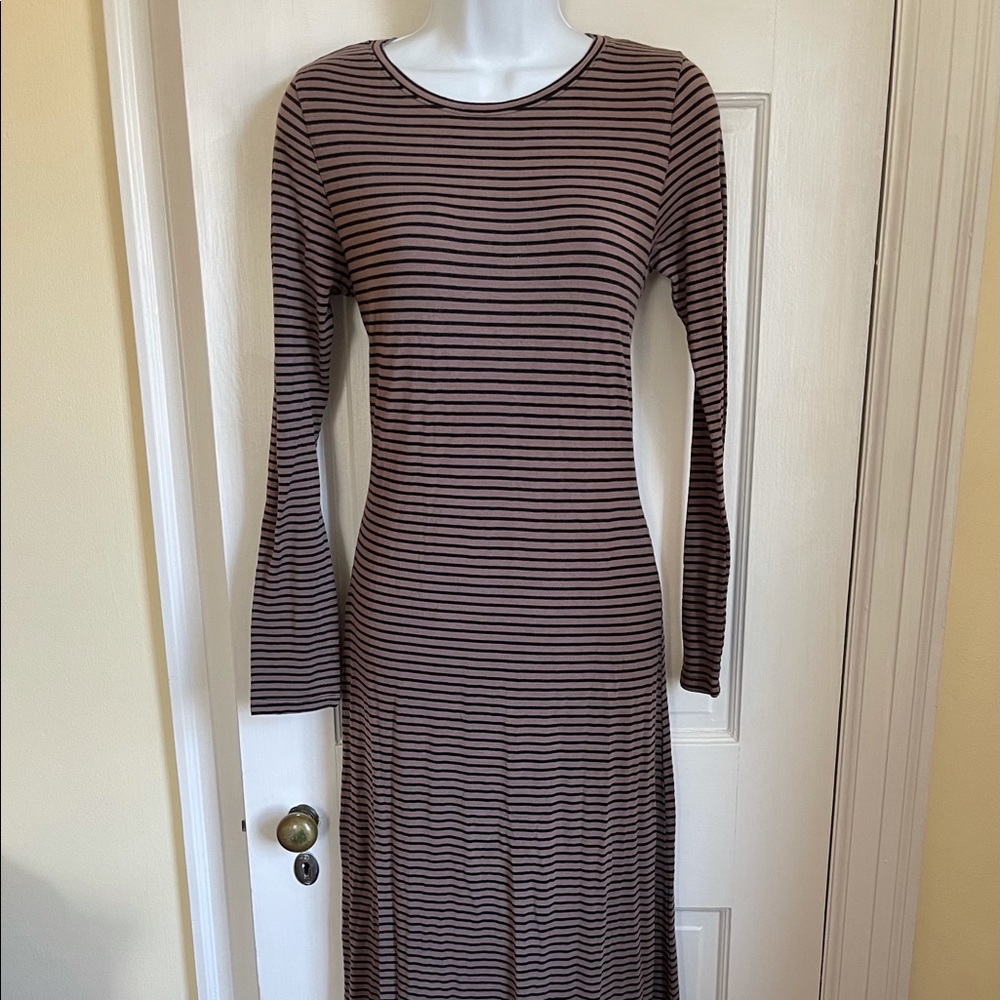 Active Black and Tan Striped Stretch Cotton Long Sleeve Maxi Dress M